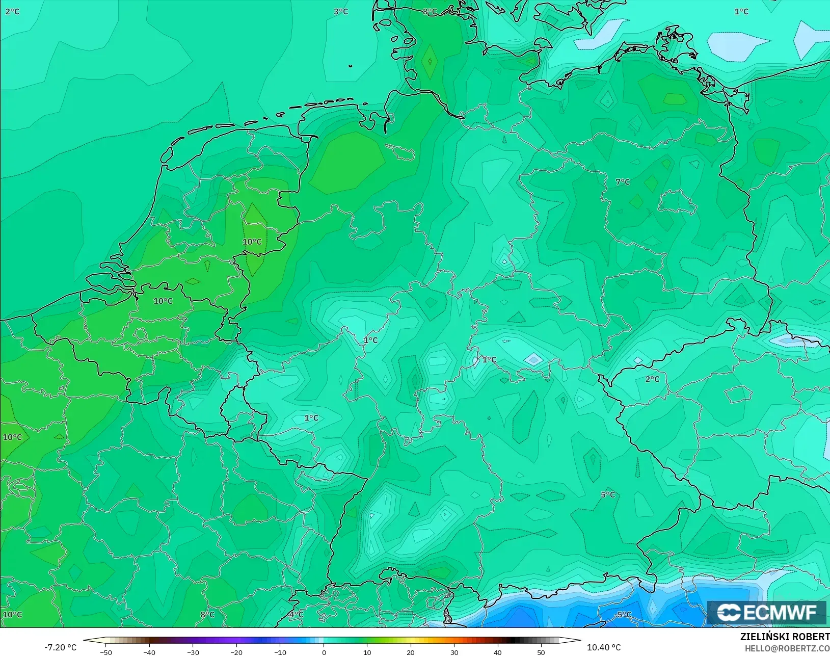 ECMWF IFS 0.25° model - Germany, Dewpoint at 2m