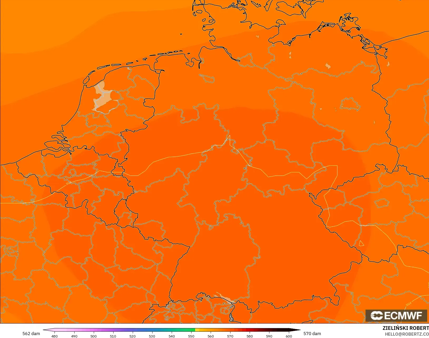 ECMWF IFS 0.25° model - Germany, Geopotential height at 500hPa