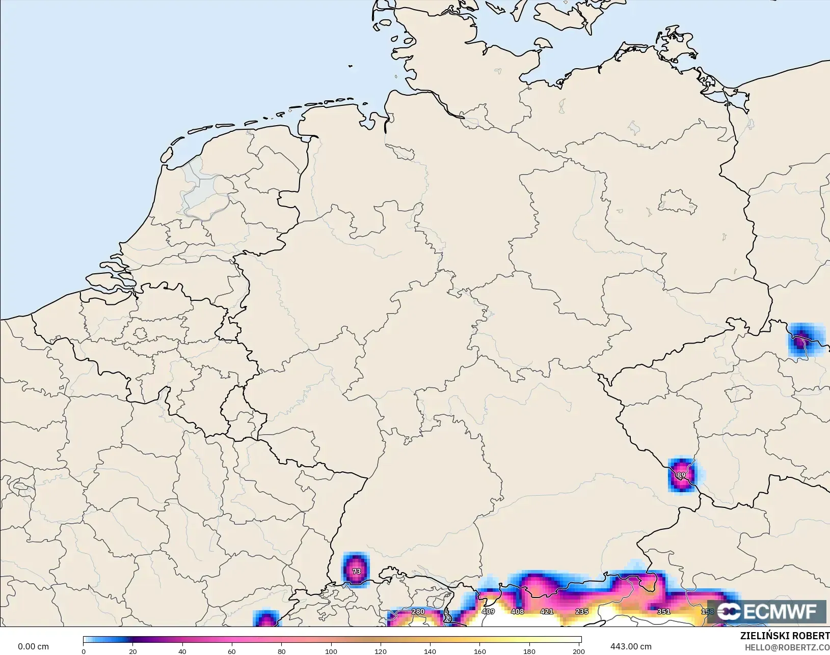 ECMWF IFS 0.25° model - Germany, Snow Depth