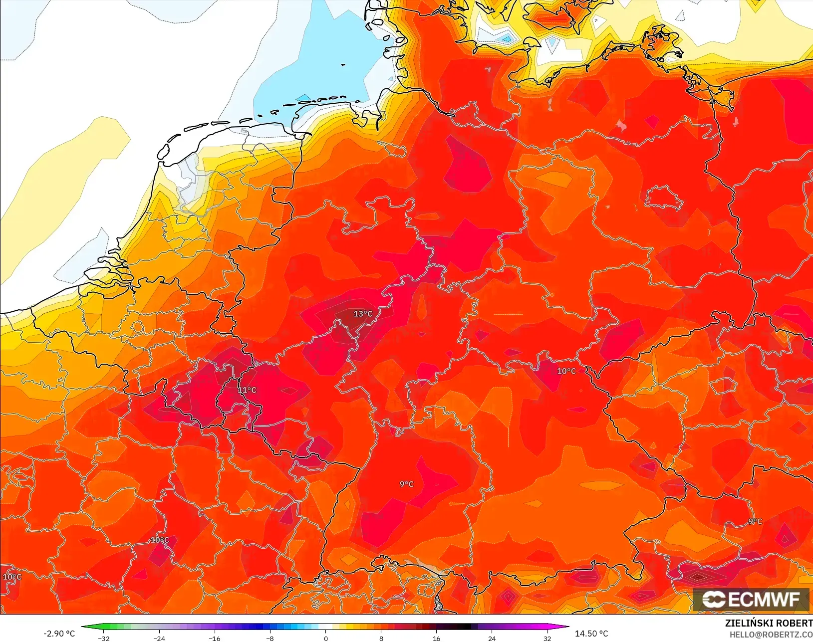 ECMWF IFS 0.25° model - Germany, Temperature at 2m Anomaly