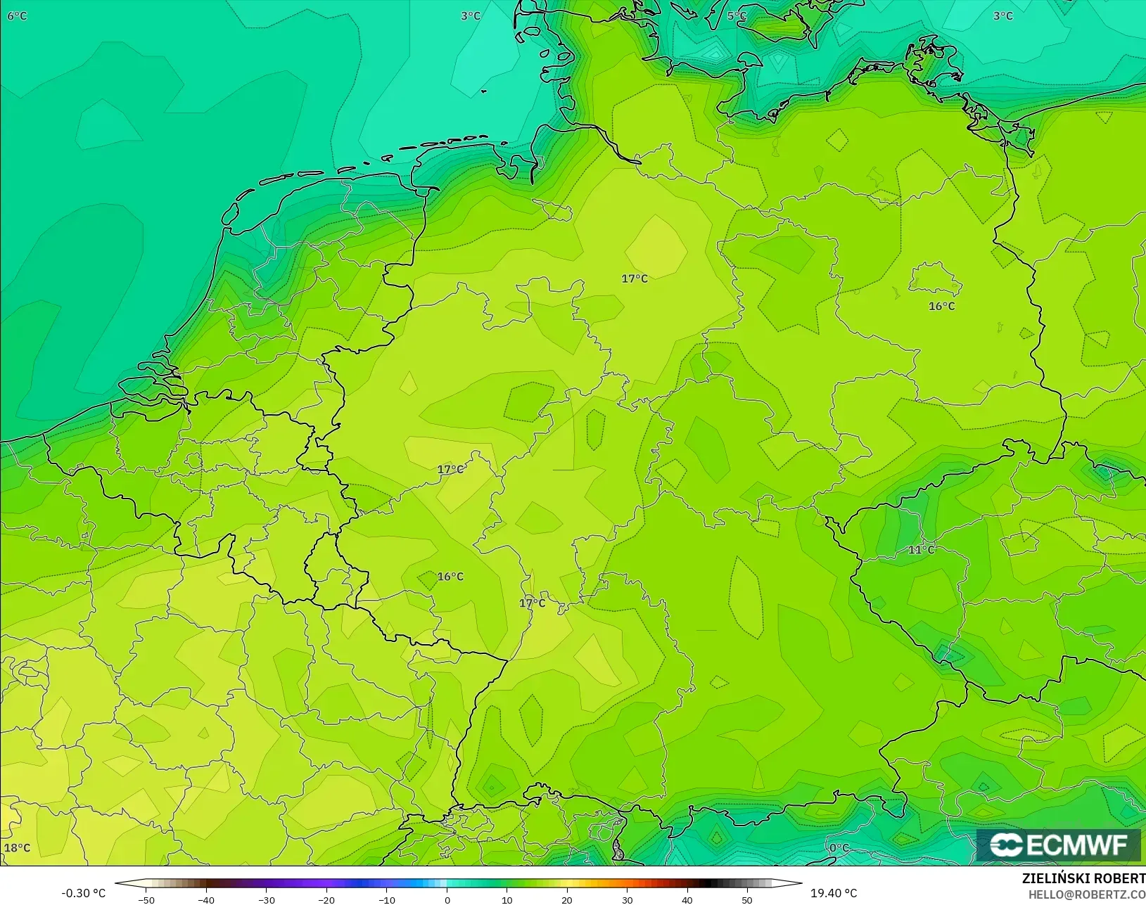 ECMWF IFS 0.25° model - Germany, Temperature at 2m