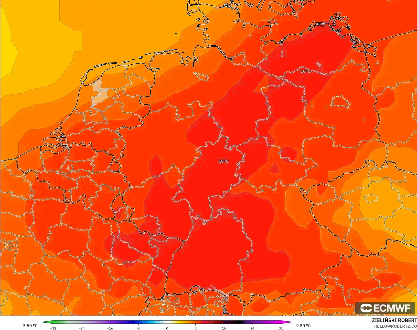 ECMWF IFS 0.25° model - Germany, Temperature at 850hPa Anomaly