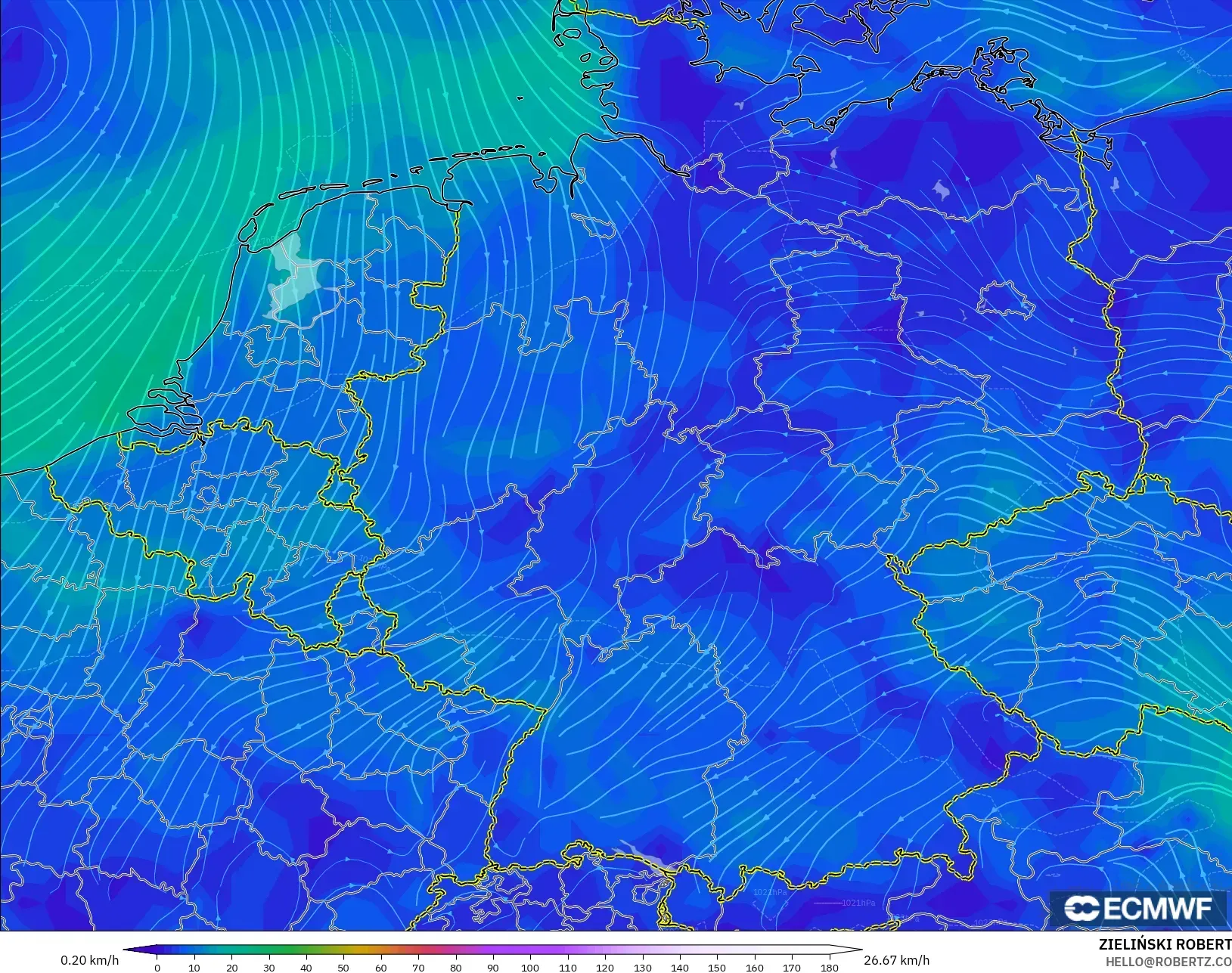 ECMWF IFS 0.25° model - Germany, Wind at 10m