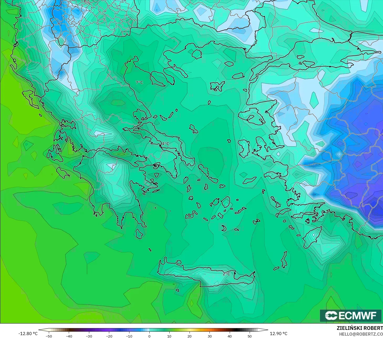 ECMWF IFS 0.25° model - Greece, Dewpoint at 2m