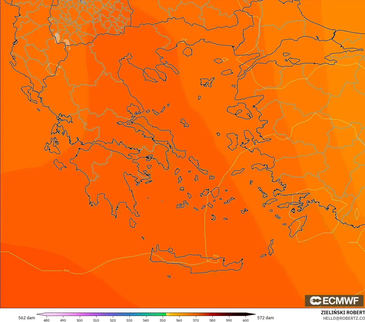 ECMWF IFS 0.25° model - Greece, Geopotential height at 500hPa