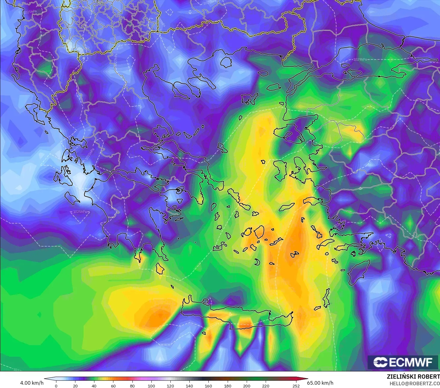 ECMWF IFS 0.25° model - Greece, Wind Gusts
