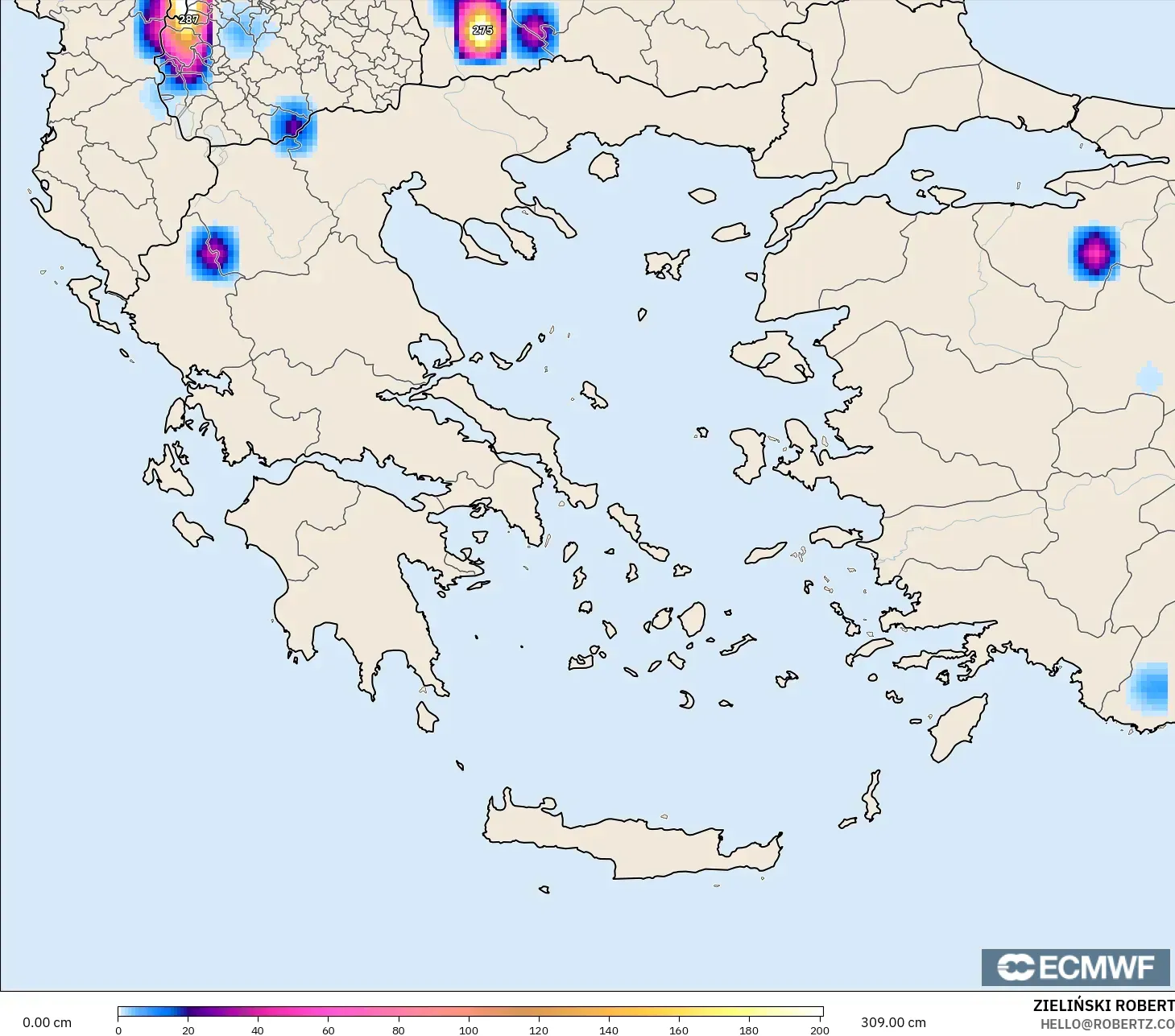 ECMWF IFS 0.25° model - Greece, Snow Depth