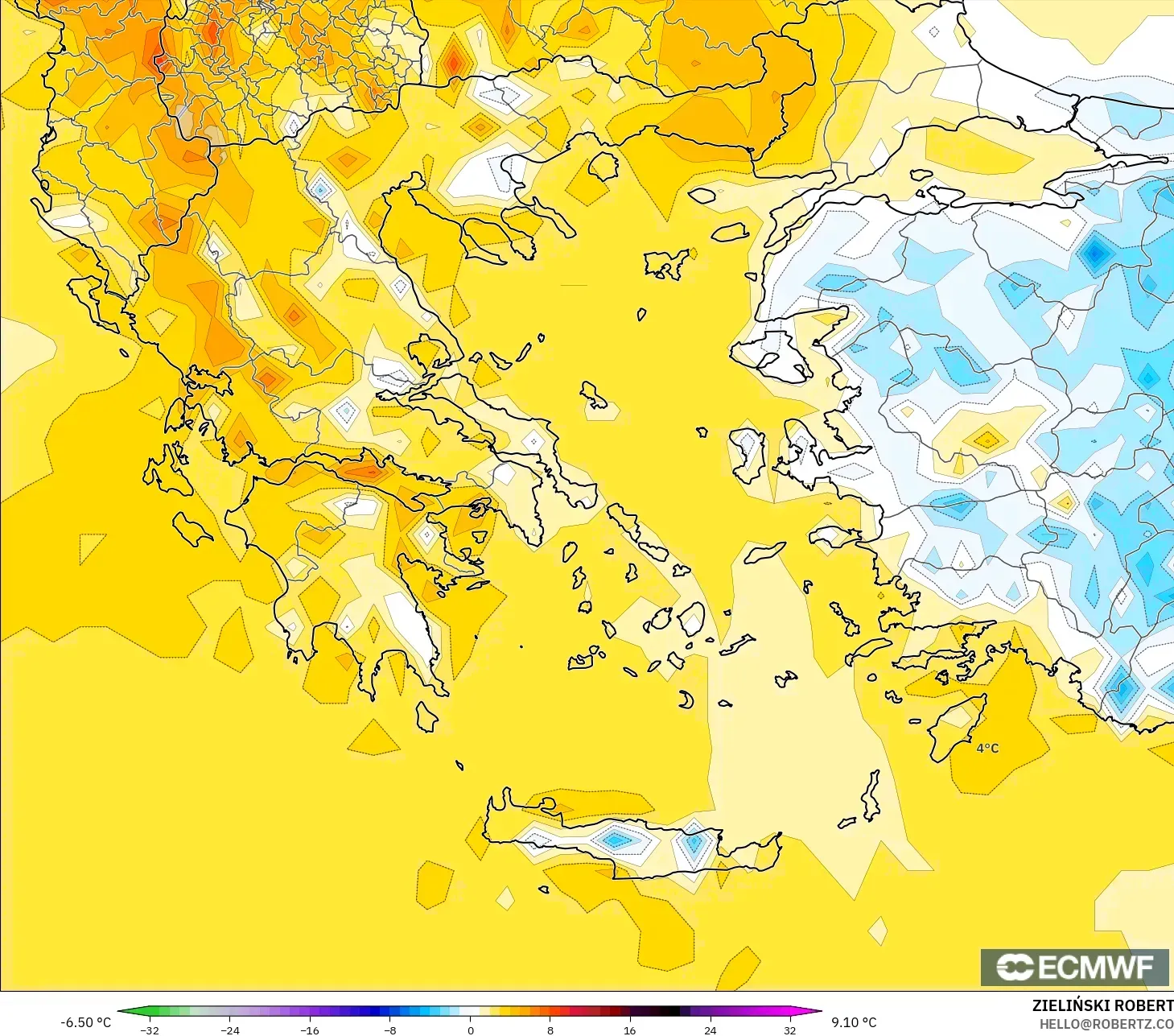 ECMWF IFS 0.25° model - Greece, Temperature at 2m Anomaly