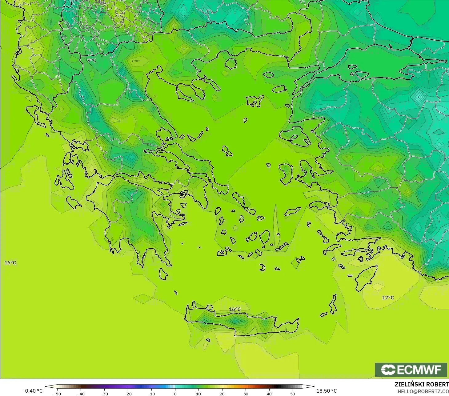 ECMWF IFS 0.25° model - Greece, Temperature at 2m