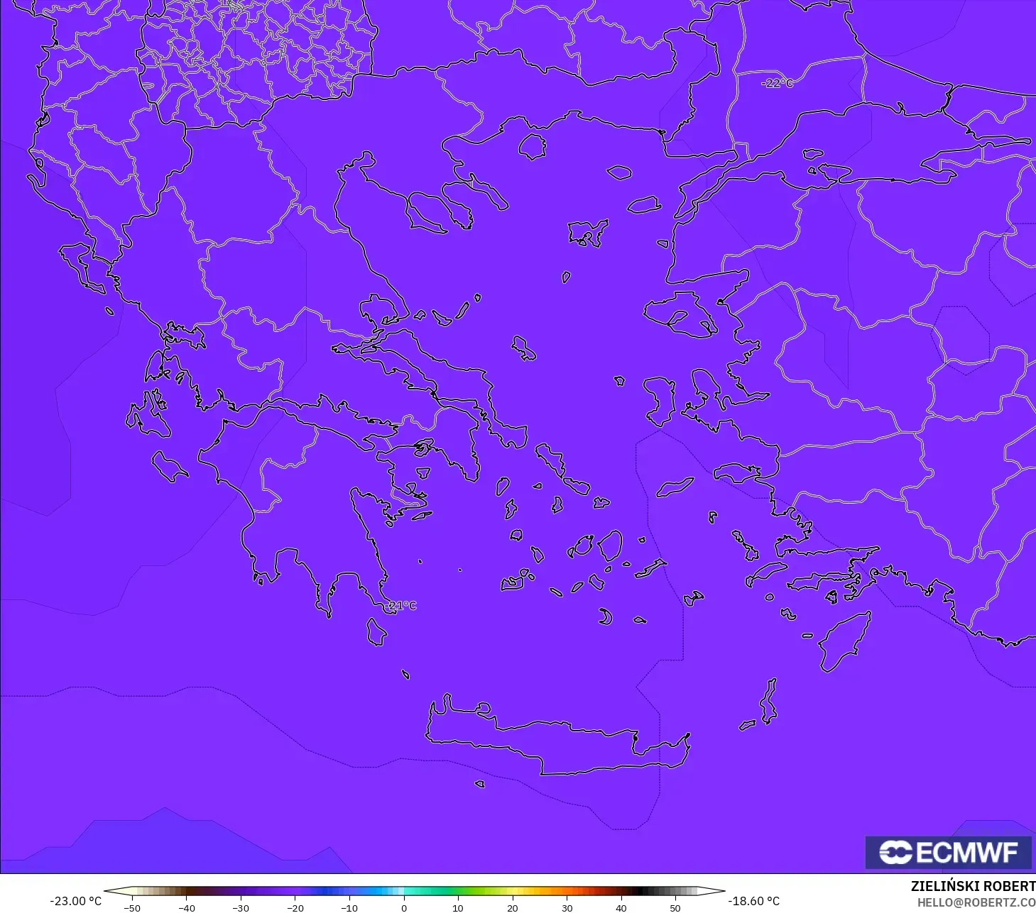 ECMWF IFS 0.25° model - Greece, Temperature at 500hPa