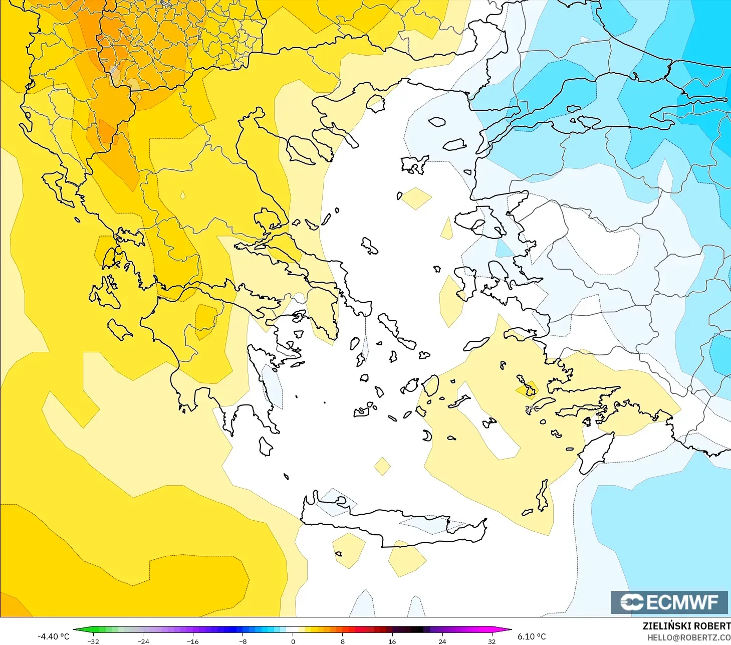 ECMWF IFS 0.25° model - Greece, Temperature at 850hPa Anomaly