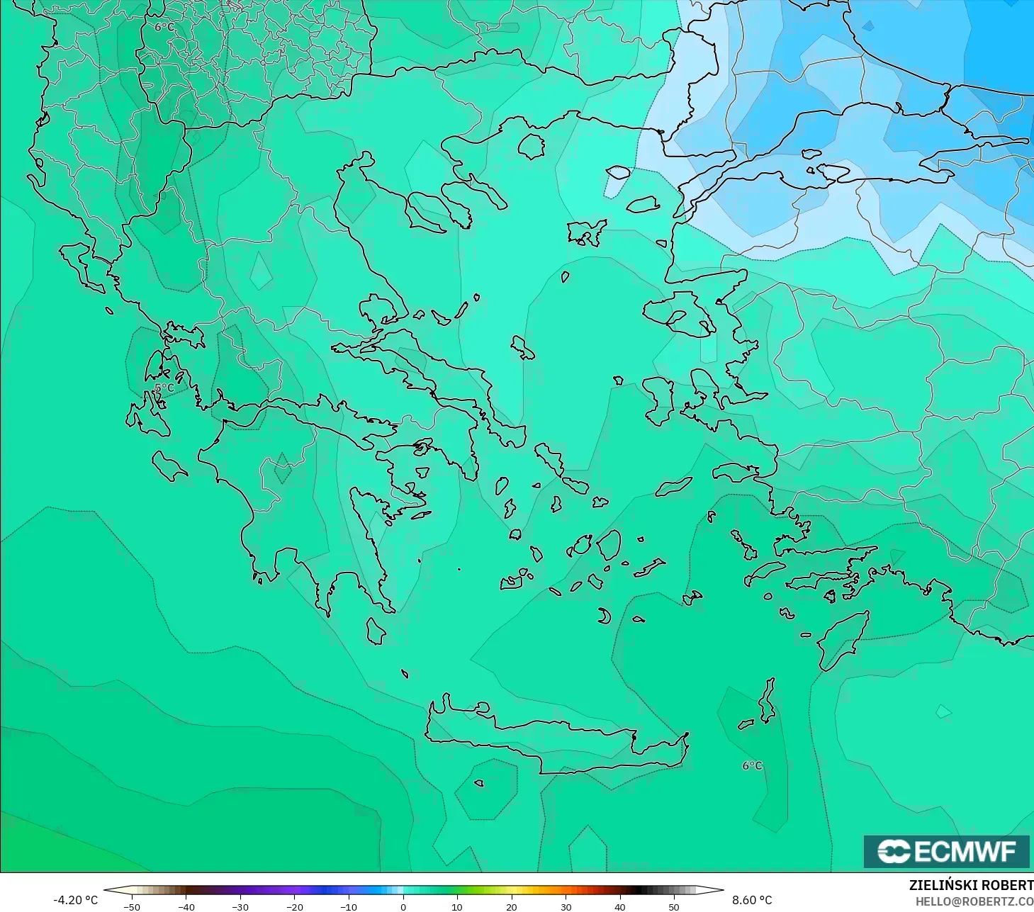ECMWF IFS 0.25° model - Greece, Temperature at 850hPa