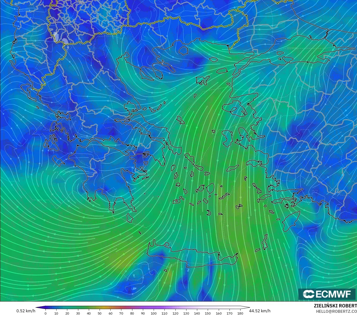 ECMWF IFS 0.25° model - Greece, Wind at 10m