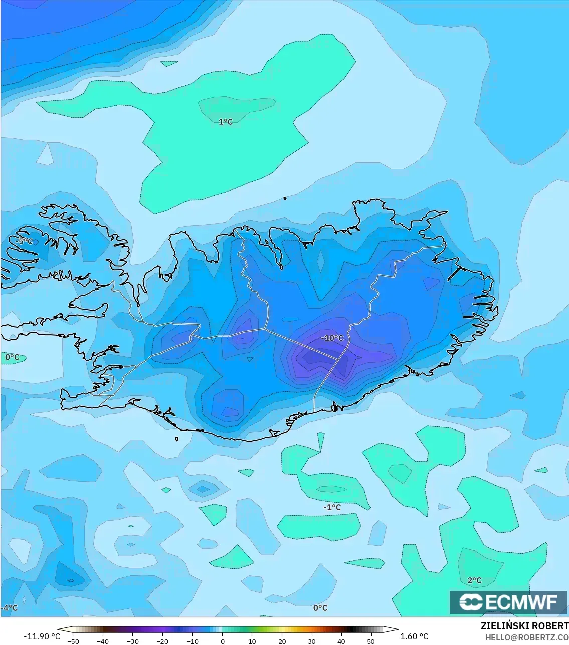 ECMWF IFS 0.25° model - Iceland, Dewpoint at 2m