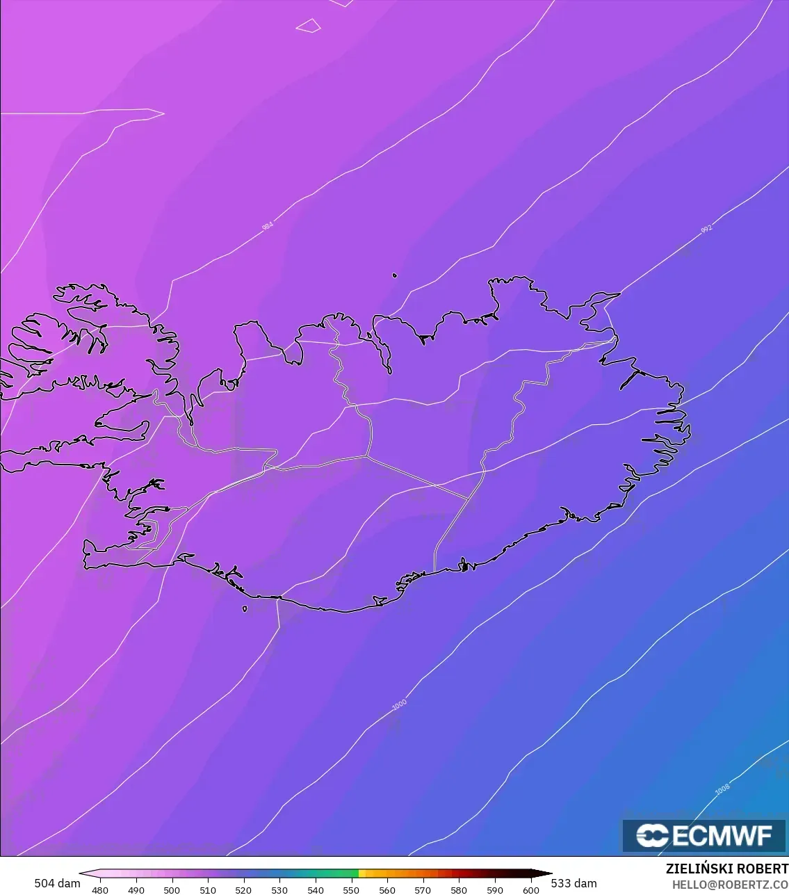 ECMWF IFS 0.25° model - Iceland, Geopotential height at 500hPa