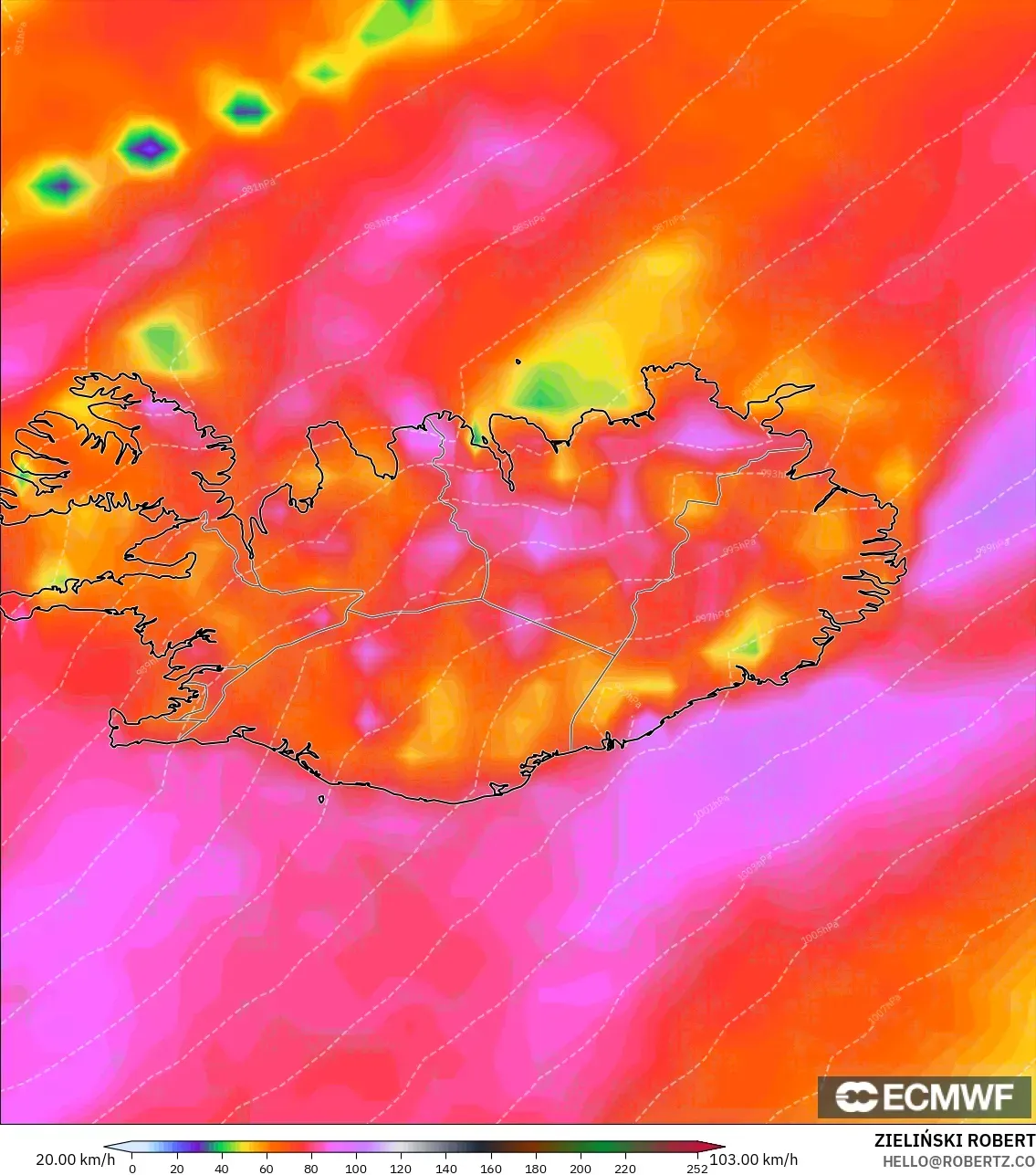 ECMWF IFS 0.25° model - Iceland, Wind Gusts