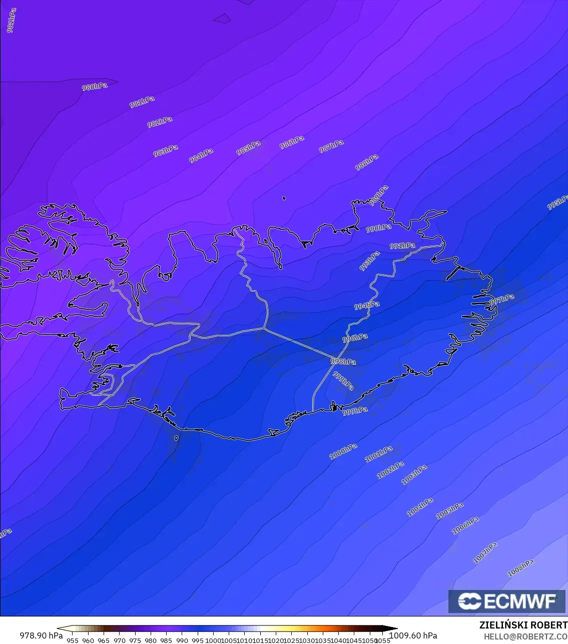 ECMWF IFS 0.25° model - Iceland, Pressure