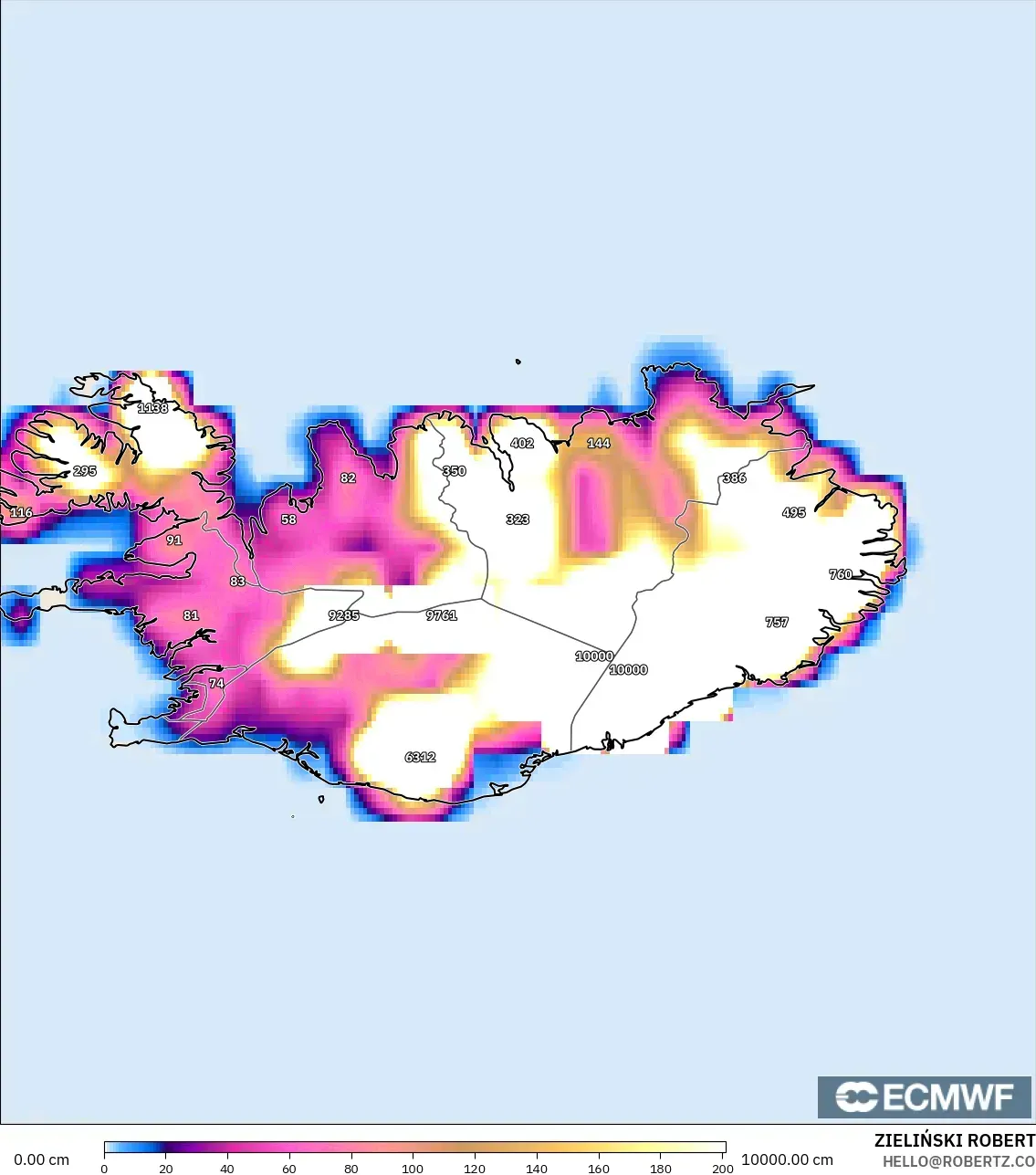 ECMWF IFS 0.25° model - Iceland, Snow Depth
