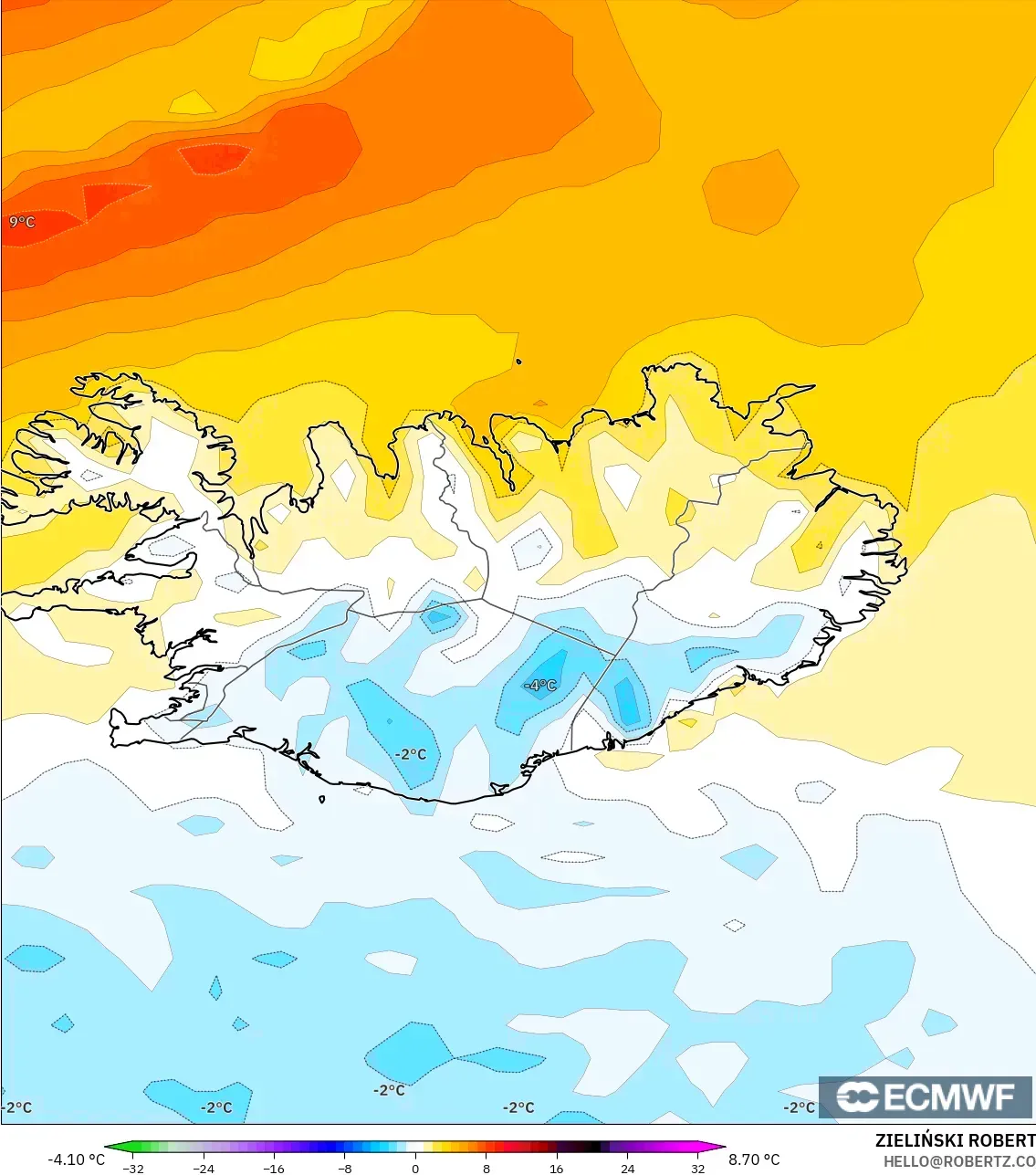 ECMWF IFS 0.25° model - Iceland, Temperature at 2m Anomaly