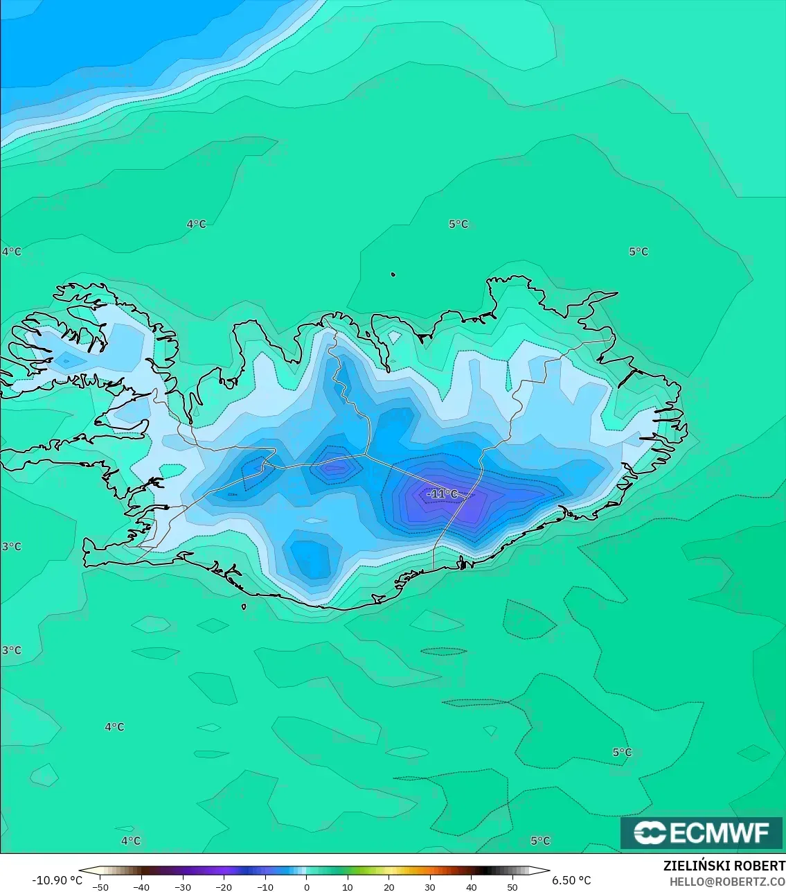 ECMWF IFS 0.25° model - Iceland, Temperature at 2m