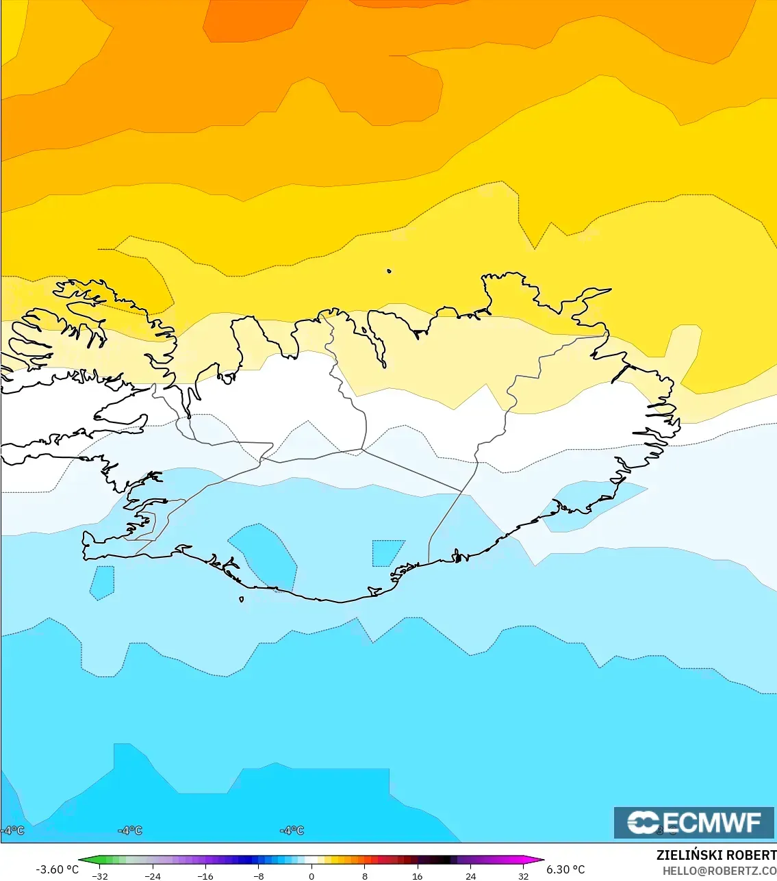 ECMWF IFS 0.25° model - Iceland, Temperature at 850hPa Anomaly