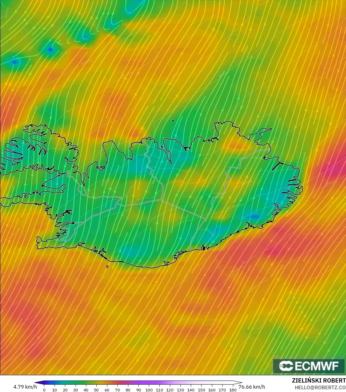 ECMWF IFS 0.25° model - Iceland, Wind at 10m