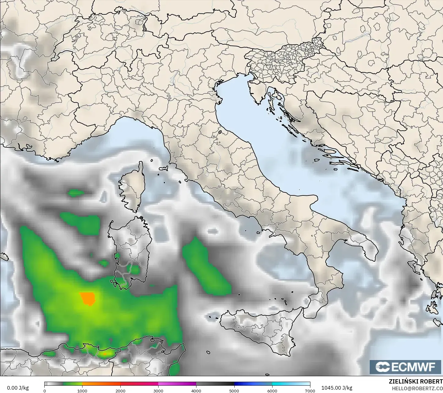 ECMWF IFS 0.25° model - Italy, CAPE