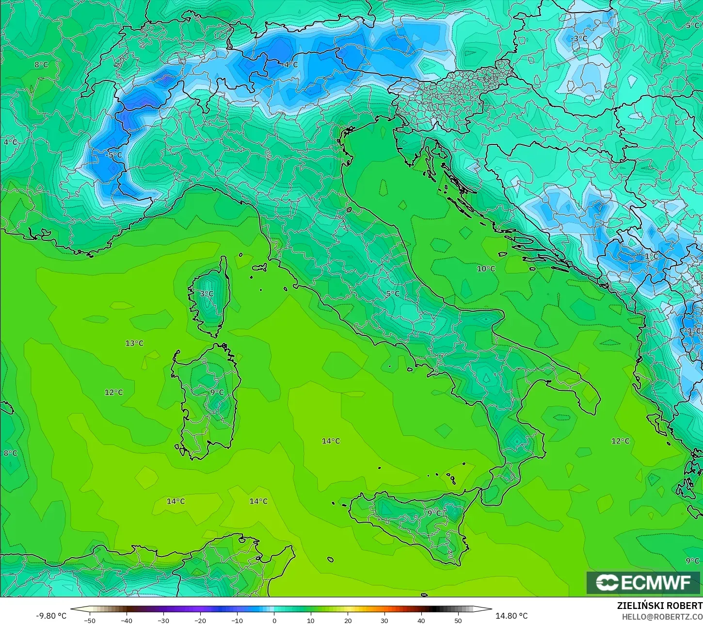 ECMWF IFS 0.25° model - Italy, Dewpoint at 2m