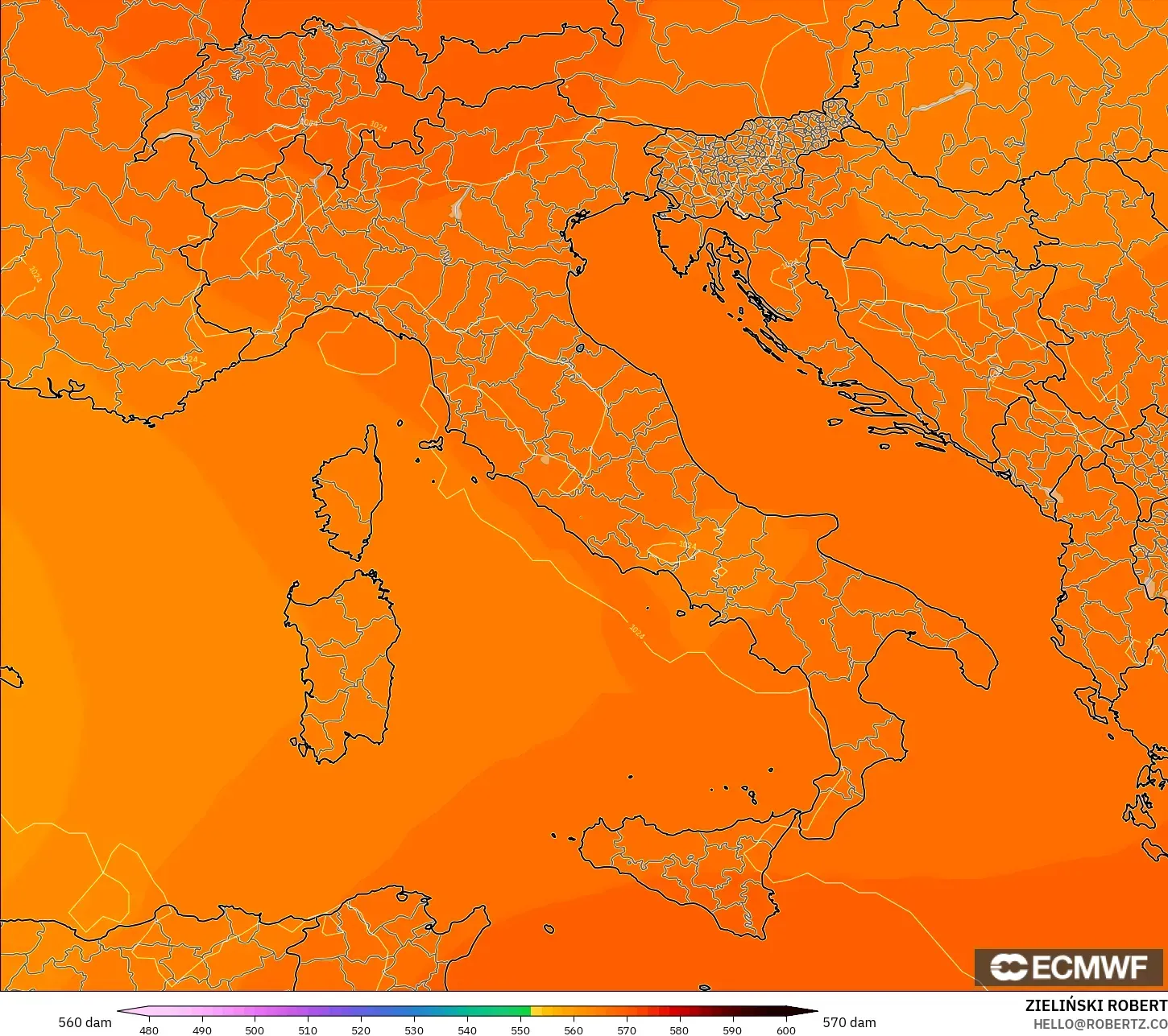 ECMWF IFS 0.25° model - Italy, Geopotential height at 500hPa