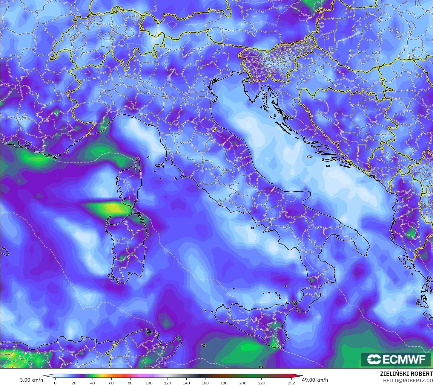 ECMWF IFS 0.25° model - Italy, Wind Gusts