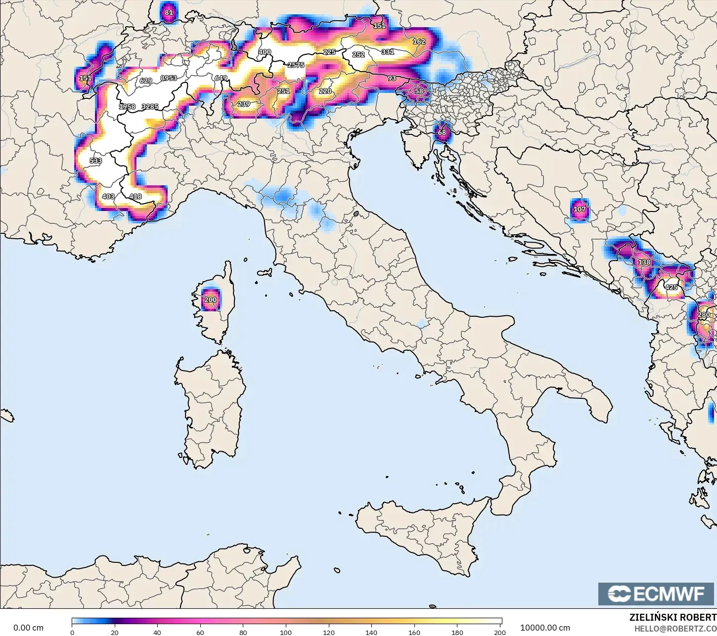 ECMWF IFS 0.25° model - Italy, Snow Depth