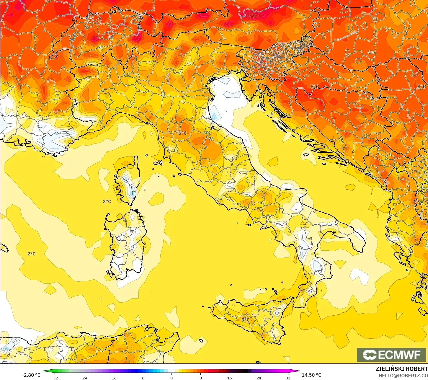 ECMWF IFS 0.25° model - Italy, Temperature at 2m Anomaly