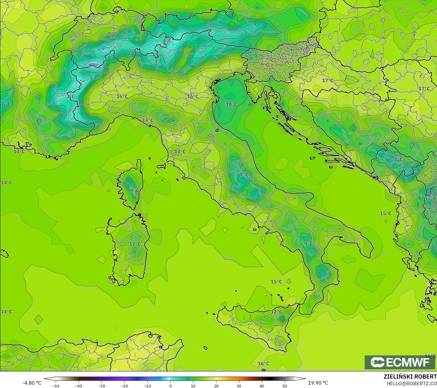ECMWF IFS 0.25° model - Italy, Temperature at 2m