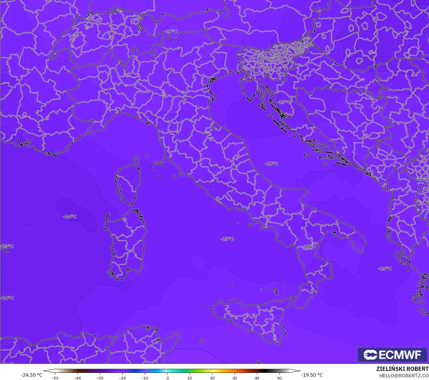 ECMWF IFS 0.25° model - Italy, Temperature at 500hPa