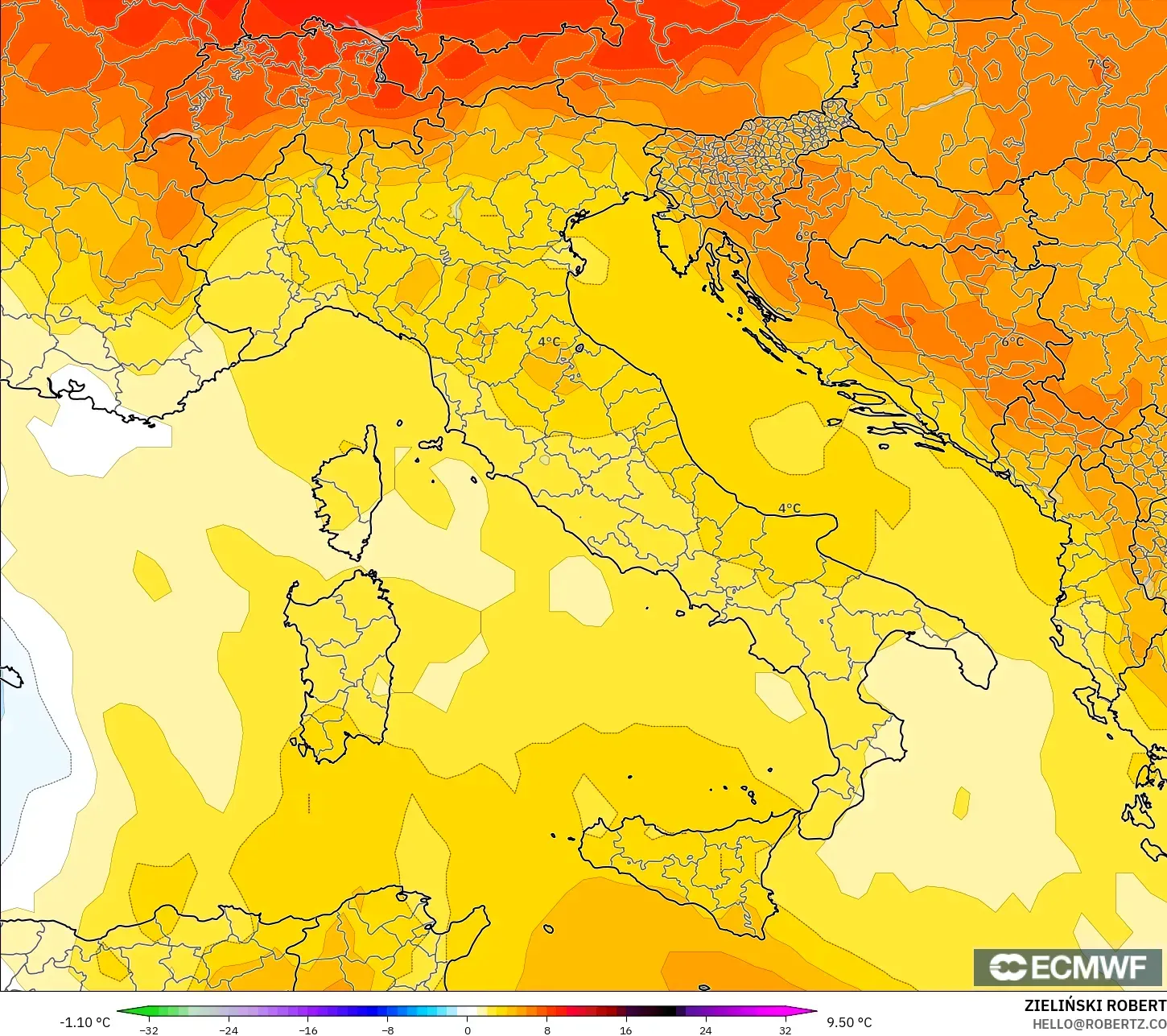 ECMWF IFS 0.25° model - Italy, Temperature at 850hPa Anomaly