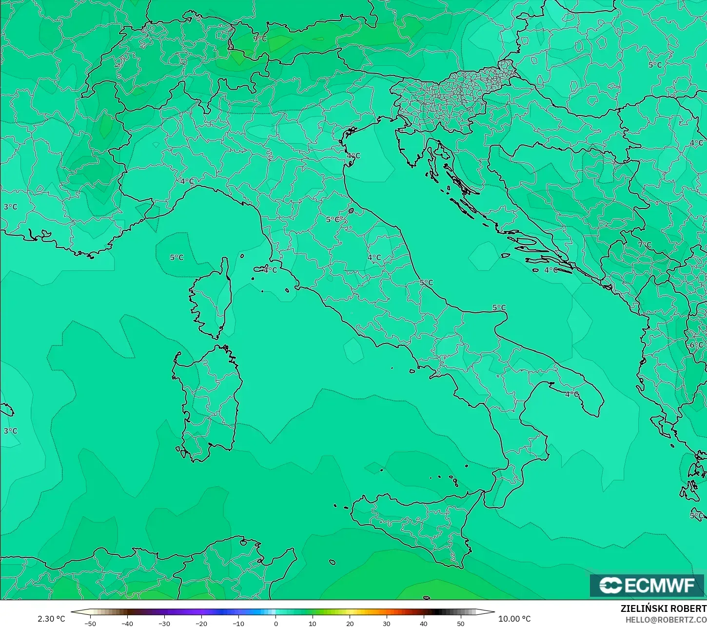 ECMWF IFS 0.25° model - Italy, Temperature at 850hPa