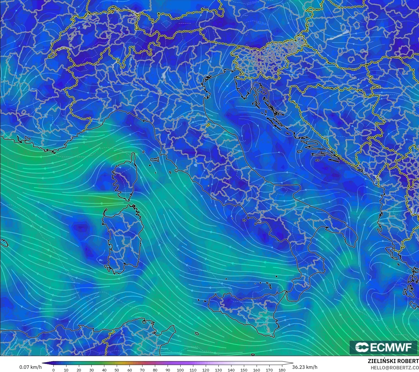 ECMWF IFS 0.25° model - Italy, Wind at 10m
