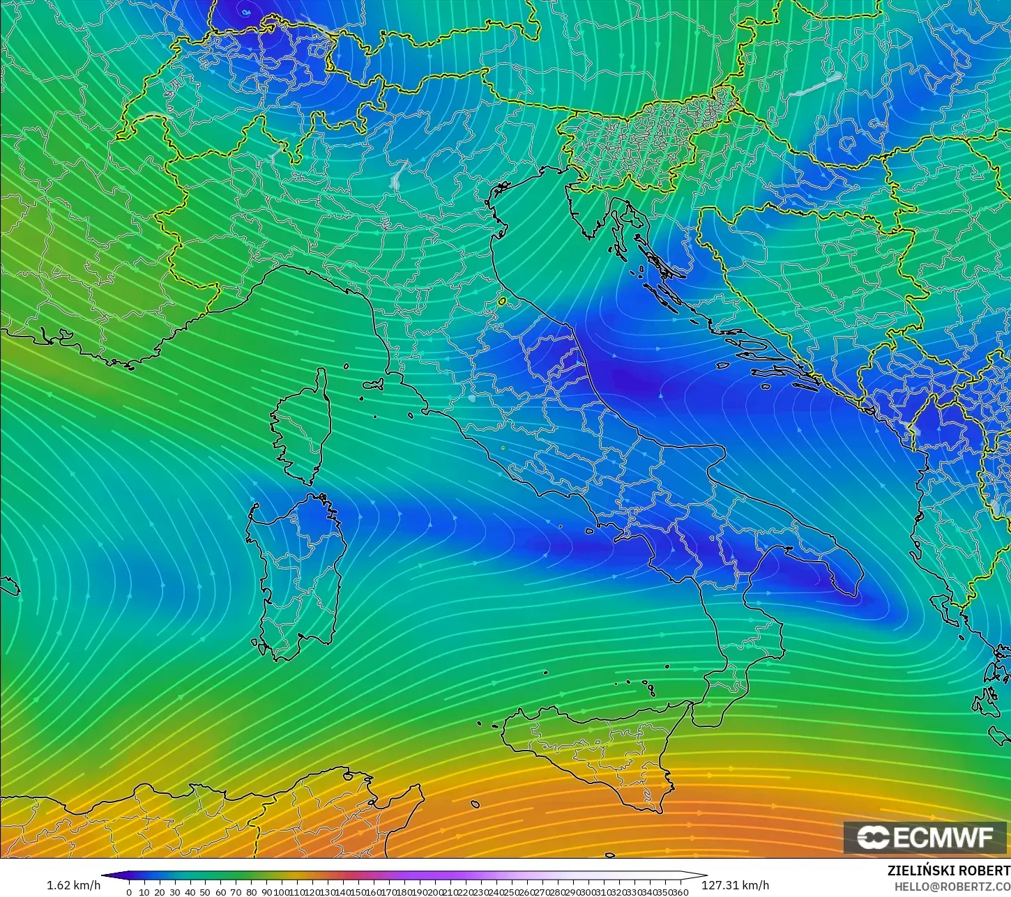 ECMWF IFS 0.25° model - Italy, Wind at 300hPa (jet stream)