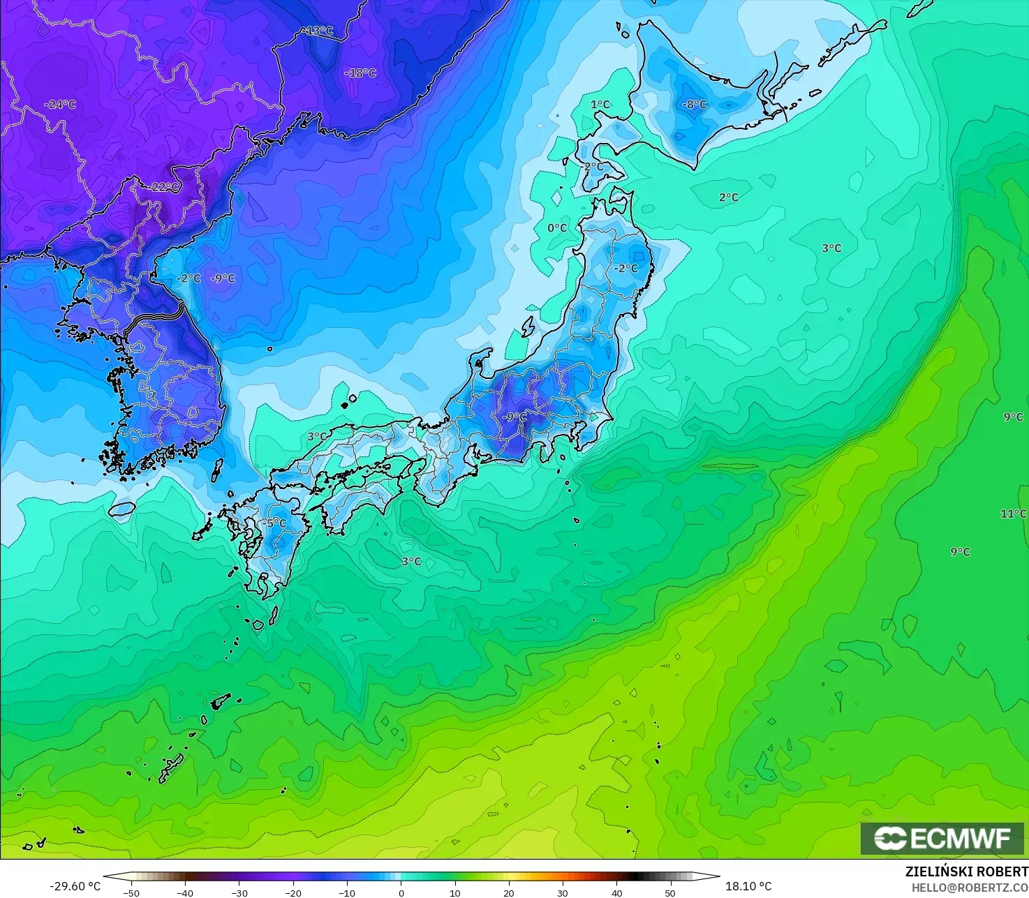 ECMWF IFS 0.25° model - Japan, Dewpoint at 2m