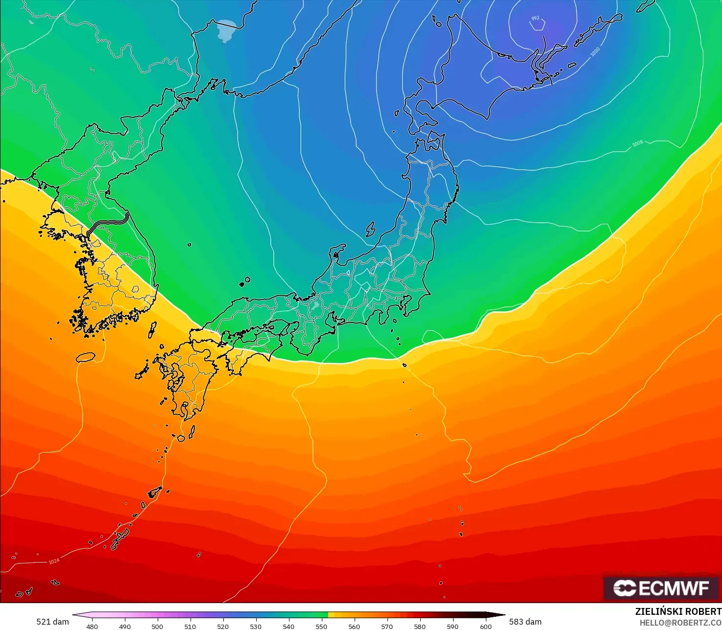 ECMWF IFS 0.25° model - Japan, Geopotential height at 500hPa