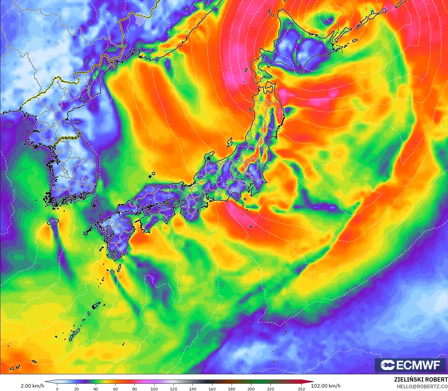 ECMWF IFS 0.25° model - Japan, Wind Gusts