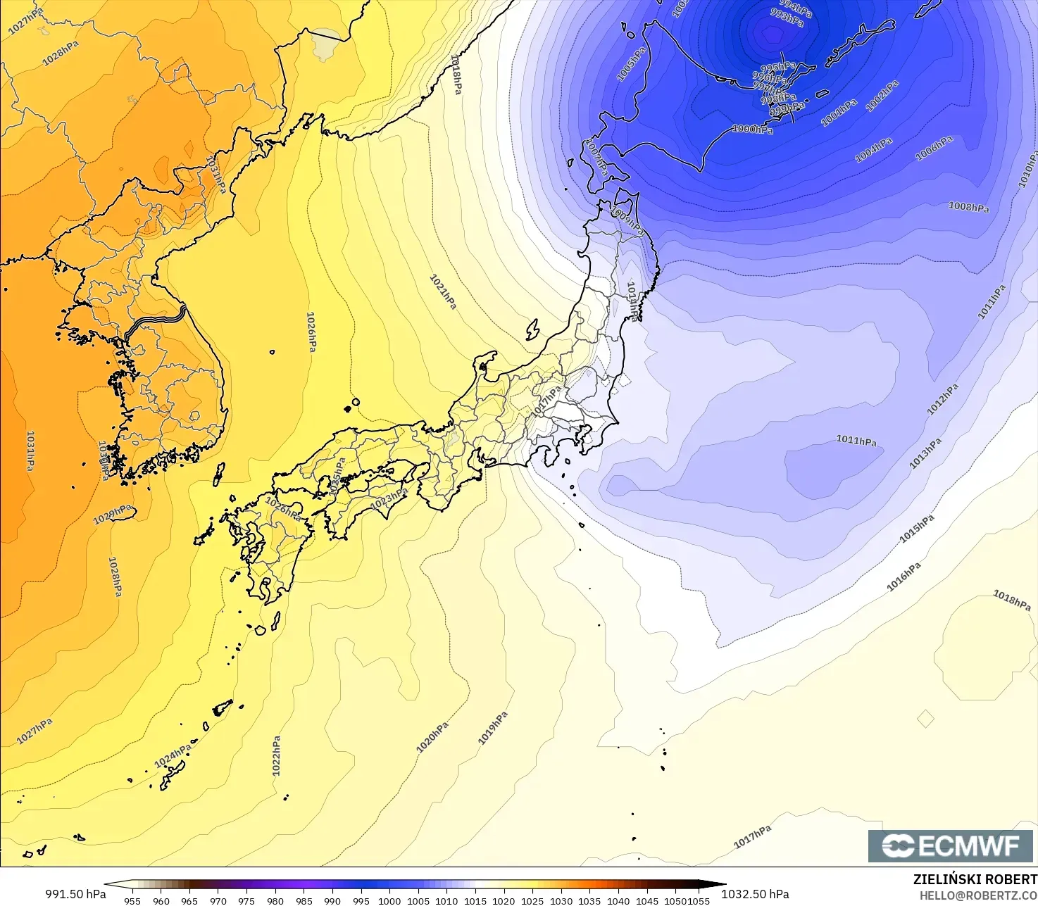 ECMWF IFS 0.25° model - Japan, Pressure