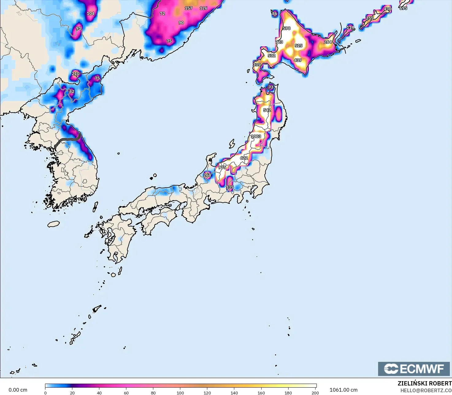 ECMWF IFS 0.25° model - Japan, Snow Depth