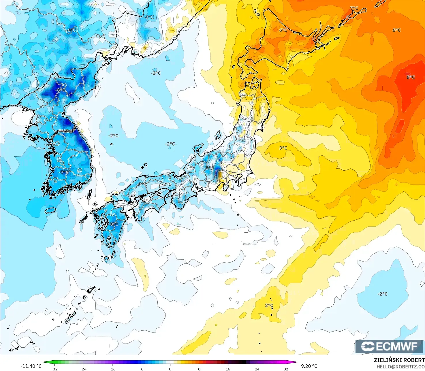 ECMWF IFS 0.25° model - Japan, Temperature at 2m Anomaly