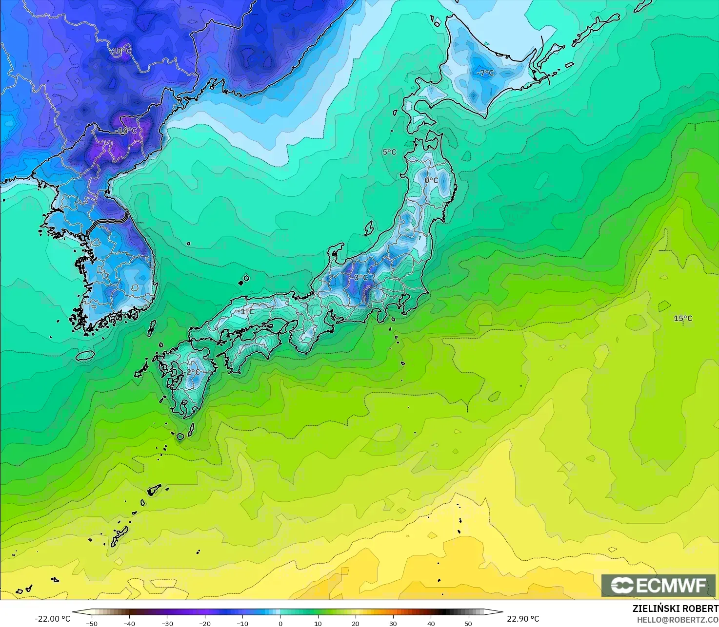 ECMWF IFS 0.25° model - Japan, Temperature at 2m