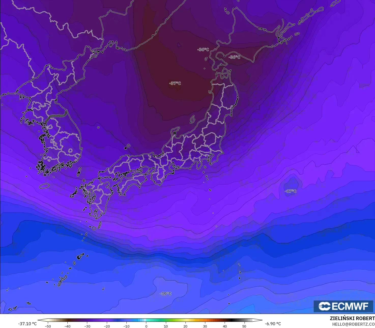 ECMWF IFS 0.25° model - Japan, Temperature at 500hPa