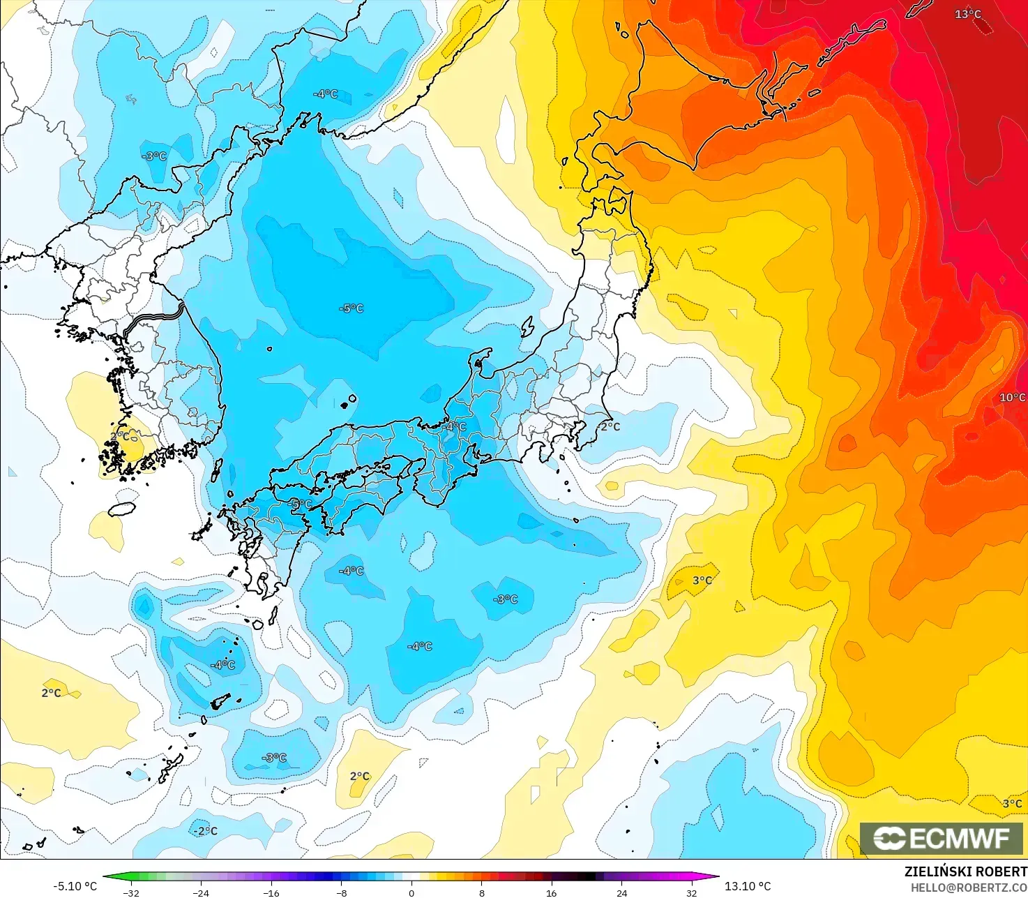 ECMWF IFS 0.25° model - Japan, Temperature at 850hPa Anomaly