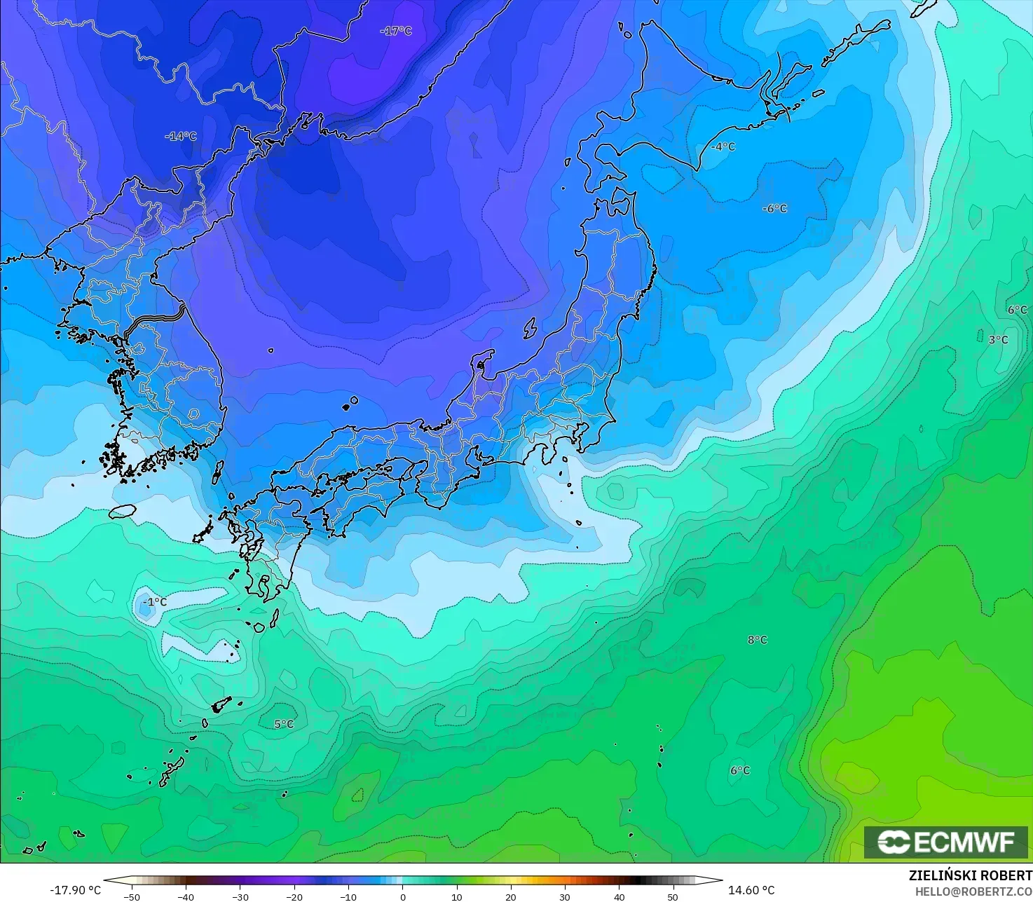 ECMWF IFS 0.25° model - Japan, Temperature at 850hPa