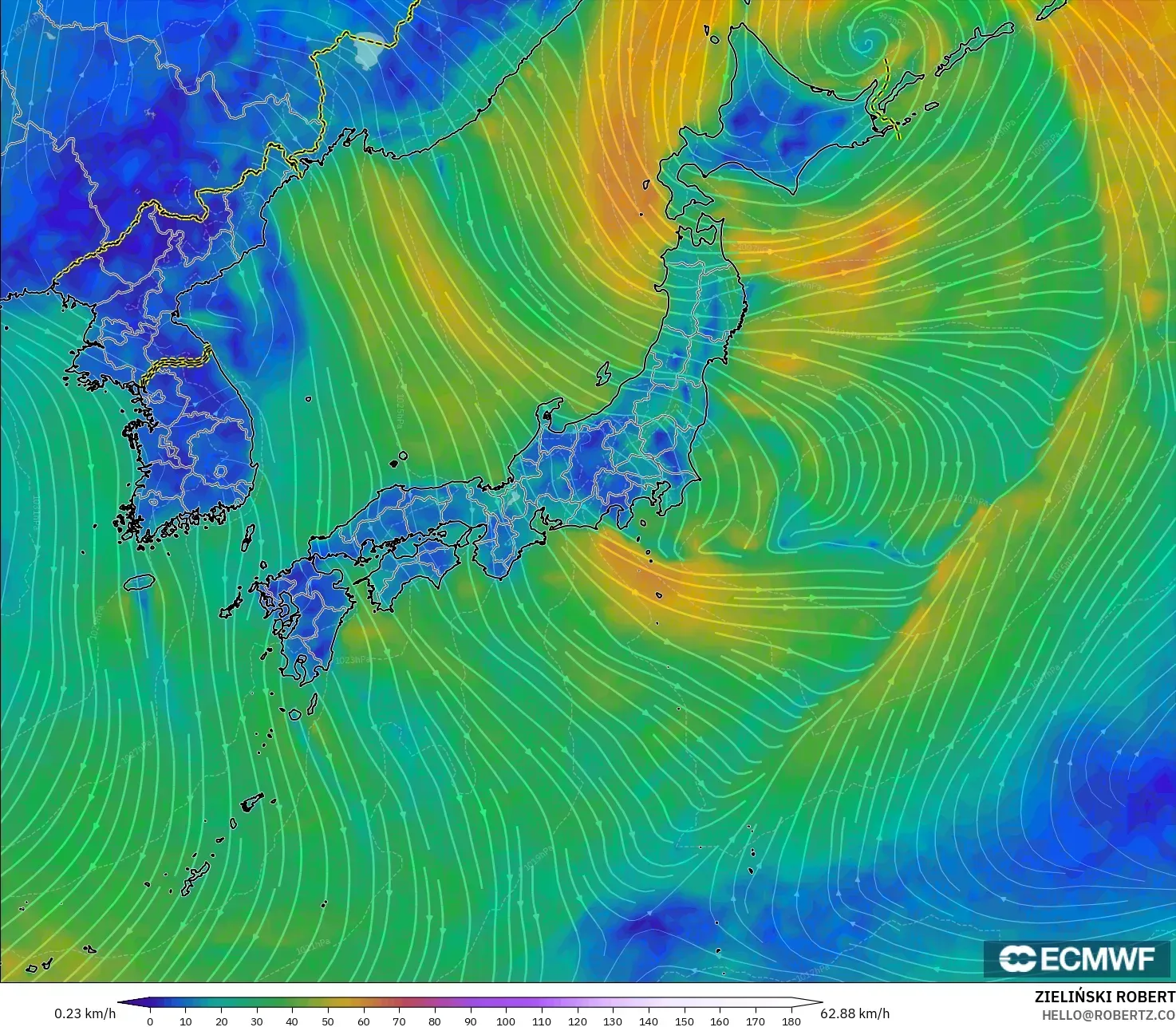 ECMWF IFS 0.25° model - Japan, Wind at 10m