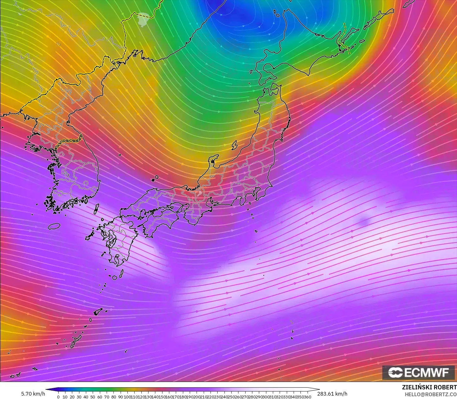 ECMWF IFS 0.25° model - Japan, Wind at 300hPa (jet stream)